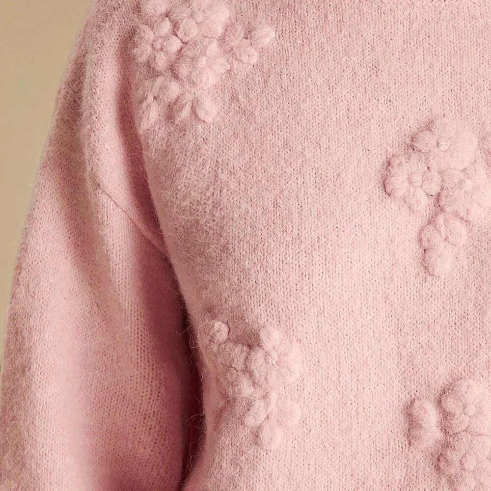 Pink Romantic Women's Pastel 3D Flowers Embroidered Long Sleeve Cute Sweater
